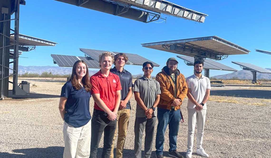 Team 25020 members (from left) Lauren Goodrich, Utah Bryant, Luke Lange, Abdulwahab Mohammad Al-Qenaei, Daniel Kaitel and Christian Alcaraz use equipment owned by sponsor Arzon Solar at the Solar Zone at UA Tech Park.