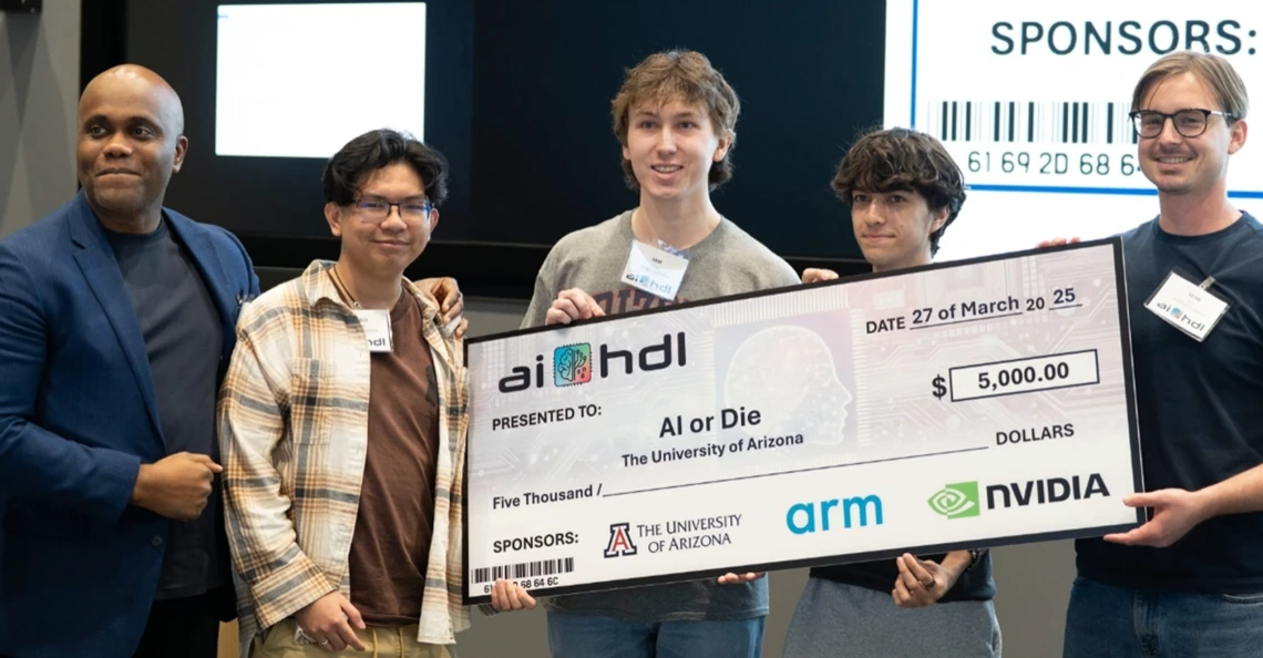 The competition's winning team, AI or Die, accepts a $5,000 check from Nvidia.